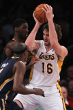 Indiana Pacers v Los Angeles Lakers: Pau Gasol, Roy Hibbert and T.J. Ford Photographic Print by Jeff Gross