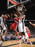 Portland Trail Blazers v San Antonio Spurs: Wesley Matthews, George Hill and Tim Duncan Photographic Print by D. Clarke Evans