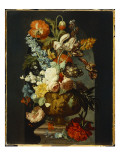 Tulips, Roses, Hyacinth, Auricula and Flowers in a Sculpted Urn on a Stone Pedestal in a Niche Giclee Print by Jan van Huysum