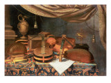 A Guitar, a Cello, Lutes, a Musical Score and Other Books and an Armillary Globe on a Draped Table, reproduction procédé giclée par Evaristo Baschenis