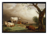 Cattle in a Field, with Travellers in a Wagon on a Track Beyond and a Church Tower in the Distance Giclee Print by Potter 