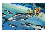 Boy Swimming with a Fish, Illustration from 'The Water Babies' by Charles Kingsley Giclee-trykk av Jesus Blasco
