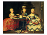 Group Portrait of a Boy and Two Girls Building a House of Cards with Other Games by the Table reproduction procédé giclée par Francois Hubert Drouais