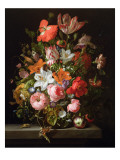 Still Life of Roses, Lilies, Tulips and Other Flowers in a Glass Vase with a Brindled Beauty Giclée-Druck von Rachel Ruysch