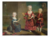 A Group Portrait of a Girl with a Marmoset in a Box, a Girl with a Triangle Sitting reproduction procédé giclée par Francois Hubert Drouais
