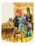 A Victorian Lady Admires the New Treadle Sewing-Machine in a Showroom, as Her Husband Looks On Giclée-tryk af C.l. Doughty A Victorian Lady Admires the New Treadle Sewing-Machine in a Showroom, as Her Husband Looks On Giclée-tryk af C.l. Doughty