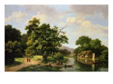 Wooded River Landscape with Peasants Unloading a Ferry Giclee Print by Marinus Adrianus Koekkoek