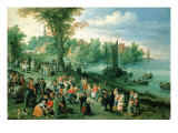 Wooded River Landscape with Peasants and Travellers Giclee-trykk av Jan Bruegel the Elder Wooded River Landscape with Peasants and Travellers Giclee-trykk av Jan Bruegel the Elder