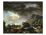 A Mediterranean Coastal Scene with Ships Foundering and Castaways reproduction procédé giclée par Claude-Joseph Vernet