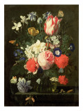 Rose, Tulip, Morning Glory and Other Flowers in a Glass Vase on a Stone Ledge Giclée-Druck von Nicolaes van Veerendael