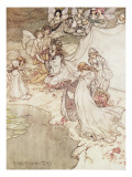 Illustration for a Fairy Tale, Fairy Queen Covering a Child with Blossom Giclée-Druck von Arthur Rackham
