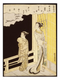 A Courtesan and Her Kamuro on a Verandah Watching Flying Geese in the Rain reproduction procédé giclée par Suzuki Harunobu