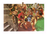Mayan Natives Dancing and Making Music in Front of a Temple Giclee Print by Peter Jackson