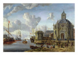 A Capriccio Mediterranean Harbour with a Galley at Anchor reproduction procédé giclée par Abraham Storck
