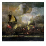 A Battle Between English and Dutch Fleets reproduction procédé giclée par Isaac Sailmaker