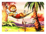 Leo the Friendly Lion Relaxing in a Hammock Reproduction procédé giclée par Virginio Livraghi