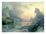 Penguins in an Arctic Landscape at Dusk Giclee Print by Hermann Herzog
