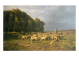 Flock of Sheep in a Landscape Giclee Print by Charles Emile Jacque