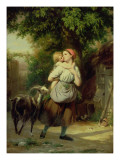 A Mother and Child with a Goat Giclée-tryk af Fritz Zuber-Buhler