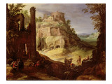 An Italianate Landscape with Classical Ruins and Washerwomen by a Stream in the Foreground Giclee-trykk av Paul Brill Or Bril