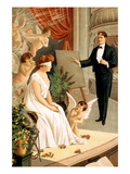 Hypnotist and Blindfolded Woman with Angels on Stage Wall Decal