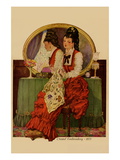Young Girl Embroiders a Patterned Fabric Wall Decal