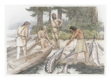 An Indian Wearing a Bark Skirt Is Pulling a Large Sturgeon from the Water Giclee Print by Roger Cooke