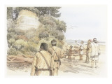 A Group of Corpsmen are Standing on a Beach Looking Up at a Yellowish Cliff Giclee Print by Roger Cooke