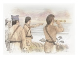 Clark and Three Corpsmen Standing on Mckenzie Head Looking Out to Sea Giclee Print by Roger Cooke