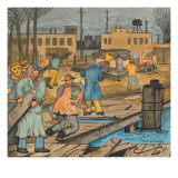 Unemployed Men Tear Up an Abandoned Willamette River Dock to Gather its Lumber for Wood Giclee Print by Ronald Ginther