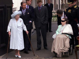 Queen Mother waves on her 101 birthday watched by Princess Margaret in wheelchair and Prince Charle Photographic Print