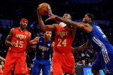 2011 NBA All Star Game, Los Angeles, CA - February 20: Kobe Bryant, LeBron James, Derrick Rose and  Photographic Print by Kevork Djansezian