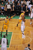 Los Angeles Lakers v Boston Celtics, Boston, MA - February 10: Rajon Rondo and Kobe Bryant Photographic Print by Steve Babineau
