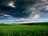 Red Barn in Field with Storm Clouds. Photographie par Douglas Steakley