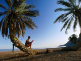 Tourist Reading Book While Sitting on Palm Tree Trunk on Beach, Sinai, Red Sea Fotografie-Druck von Frans Lemmens