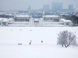 Maritime Museum, Royal Naval College and Canary Wharf Covered in Snow, from Greenwich Park Photographic Print by Doug McKinlay