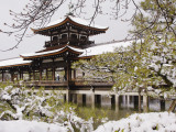 Snow Covered Chinese Style Bridge over Pond in Garden of Heian Shrine Photographie par Frank Carter