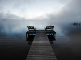 Chairs on Jetty on Mist Shrouded Lake Photographie par Denis Corriveau