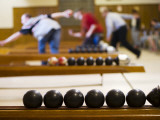 Candlepin Bowling Balls and Bowlers in Action at Sacco's Bowl Haven Photographic Print by Lou Jones