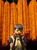 Little Girl Showing Off Marigold That She Stole from Beautiful Strings of Flowers Photographic Print by April Maciborka