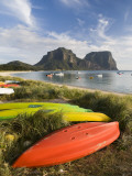 Canoes and Kayaks Lining Lagoon Beach with Mt Gower and Mt Lidgbird in Distance Photographic Print by Rachel Lewis