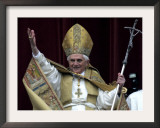 Pope Benedict XVI Waves to Pilgrims and Faithful fromSt. Peter's Basilica at the Vatican Framed Photographic Print