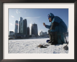 Fishing on Moscow River with City Skyscrapers under Construction in Background, in Downtown Moscow Framed Photographic Print