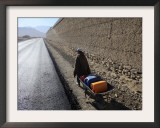 Child Uses a Wheel Barrow to Carry Jugs of Water, Logar Province, Afghanistan Framed Photographic Print