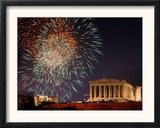 Fireworks Illuminate the Ancient Parthenon on Top of Acropolis Hill Framed Photographic Print