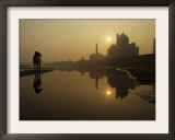 Stray Dog on a Sand Bank of the Yamuna River as the Sun is Seen Rising over the Taj Mahal in India Framed Photographic Print