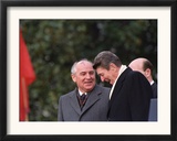 U.S. President Ronald Reagan, Right, Talks with Soviet Leader Mikhail Gorbachev Framed Photographic Print