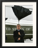 President Bush Jokingly Holds His Wind-Blown Umbrella Upright Framed Photographic Print