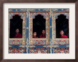 Buddhist Monks Look Through the Windows into the Courtyard of the Tango Monestary Near Thimphu Framed Photographic Print