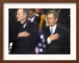 President Bush and His Father, Former President Bush, Put Their Hand Over Their Hearts Framed Photographic Print